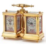 French brass cased clock barometer timepiece having Sevres type porcelain panels decorated with