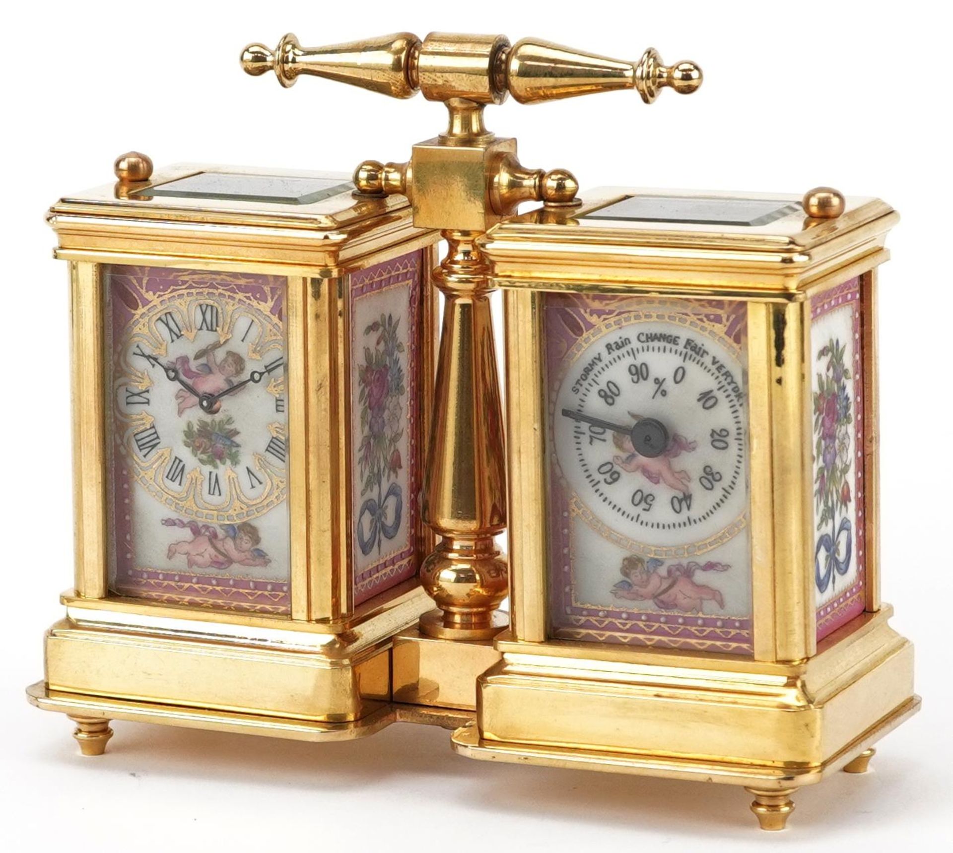 French brass cased clock barometer timepiece having Sevres type porcelain panels decorated with