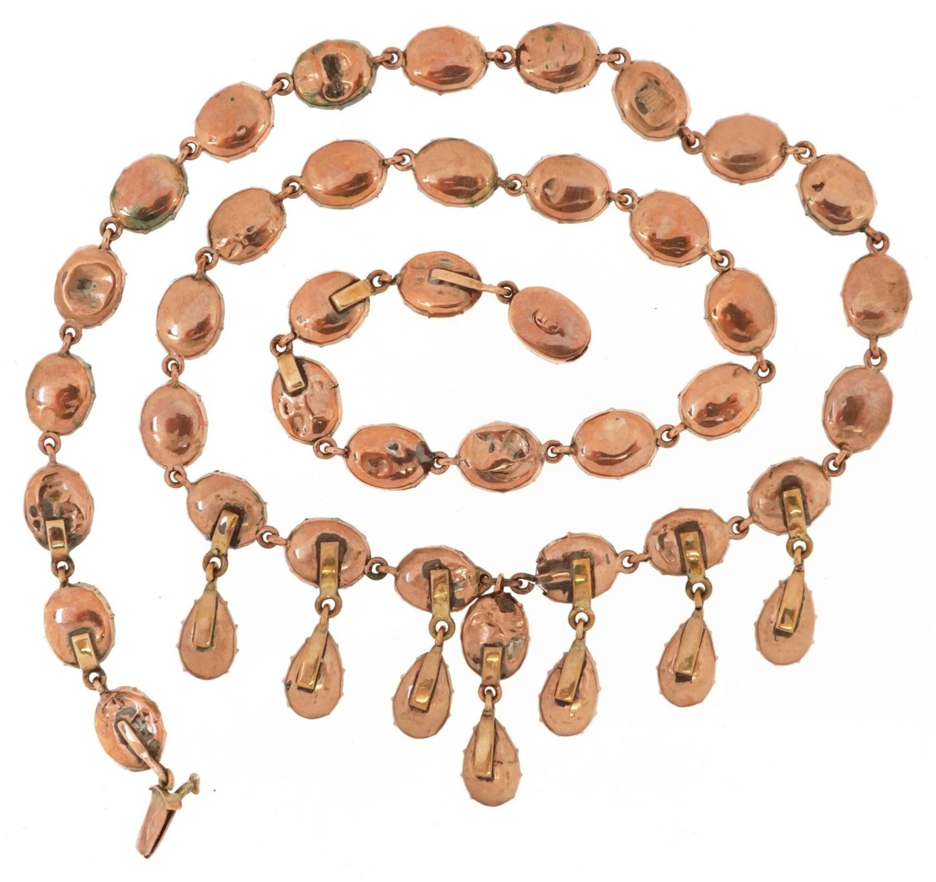 19th century rose gold oval garnet fringe necklace with closed foil backs, the clasp stamped 9KT, - Image 3 of 3