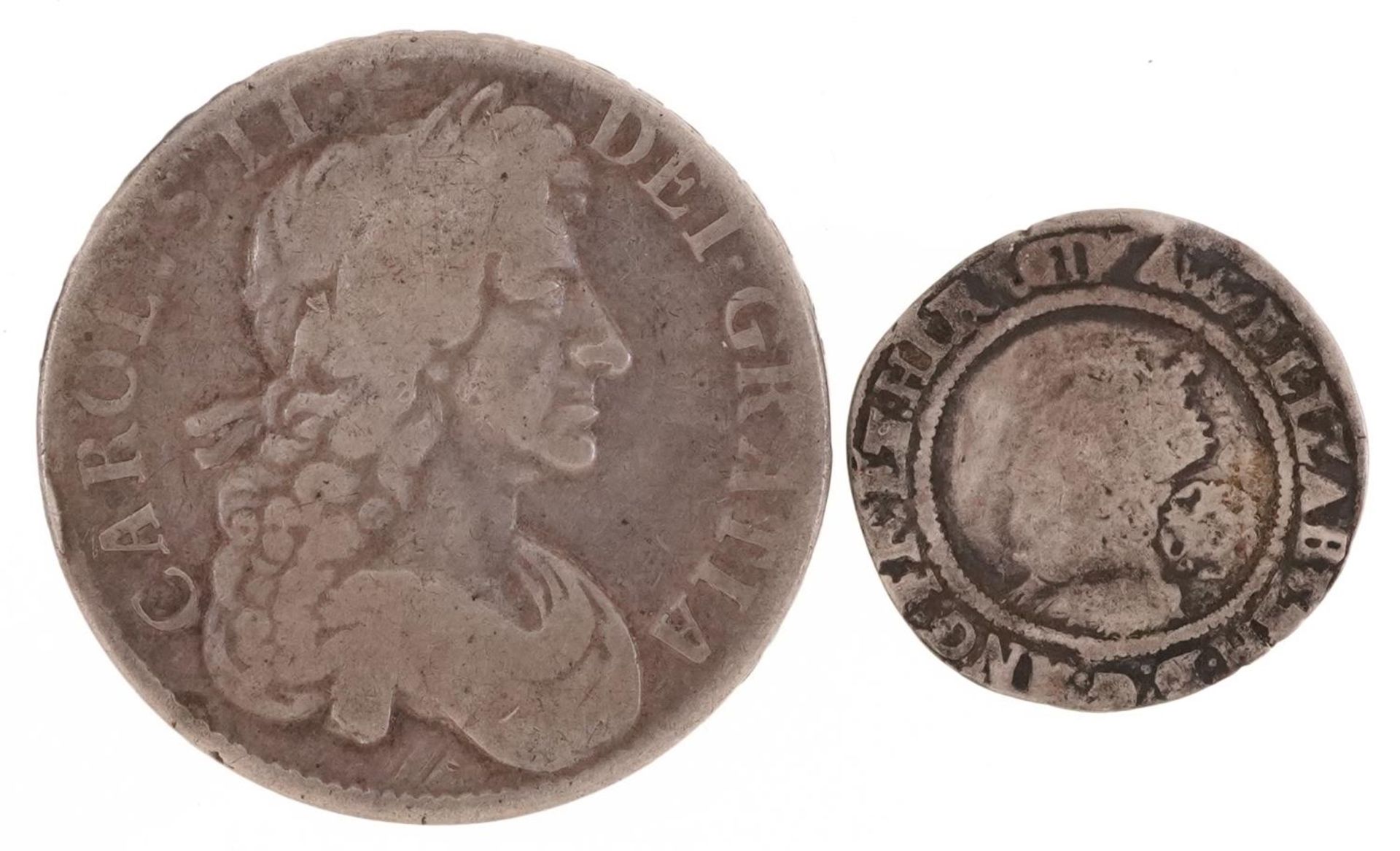 Elizabeth I 1569 hammered silver shilling and a Charles II silver crown, indistinct date, 16.. - Bild 2 aus 2