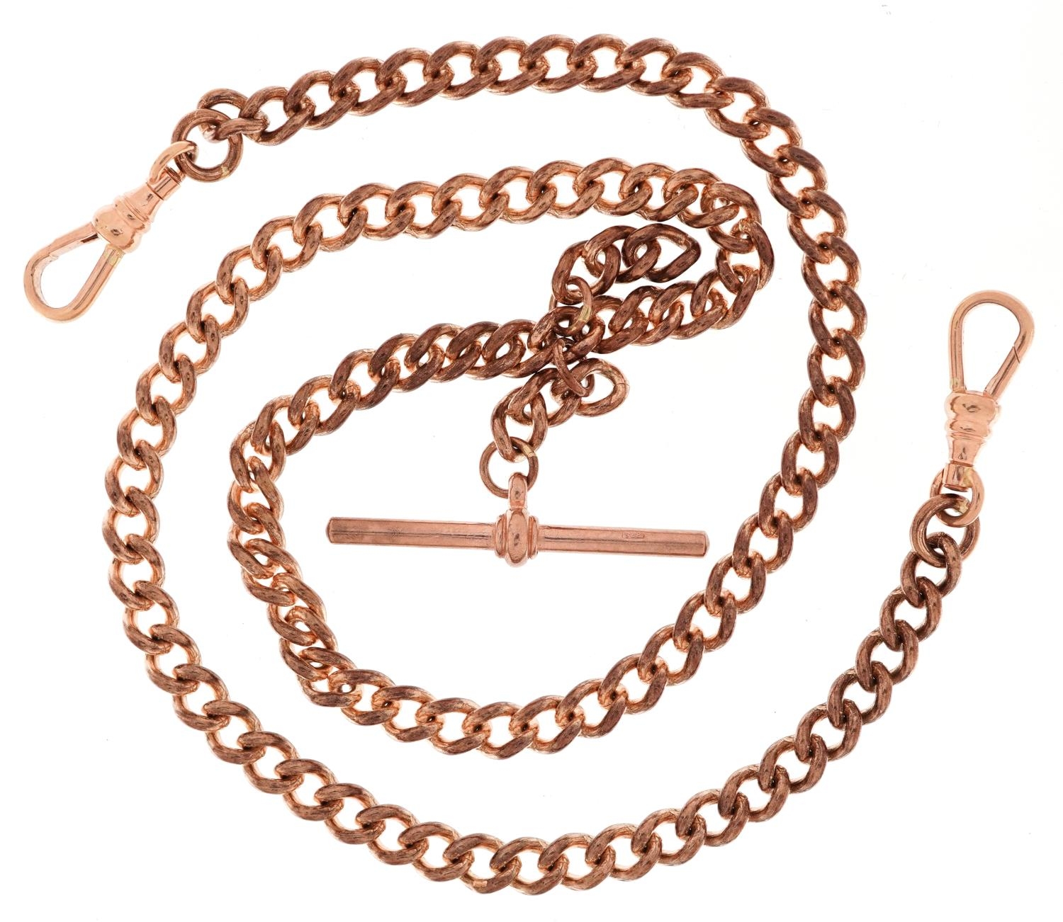 9ct rose gold watch chain with two swivelling dog clip clasps and T bar, 46cm in length, 41.2g - Image 2 of 3