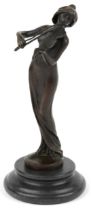 Patinated bronze figurine of an Art Nouveau violinist raised on a circular marble base, 18.5cm high