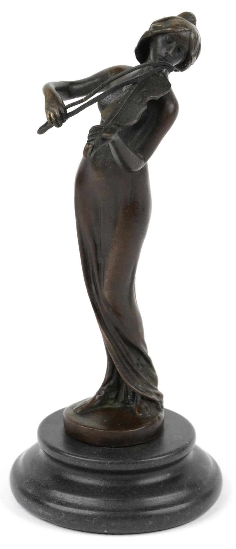 Patinated bronze figurine of an Art Nouveau violinist raised on a circular marble base, 18.5cm high