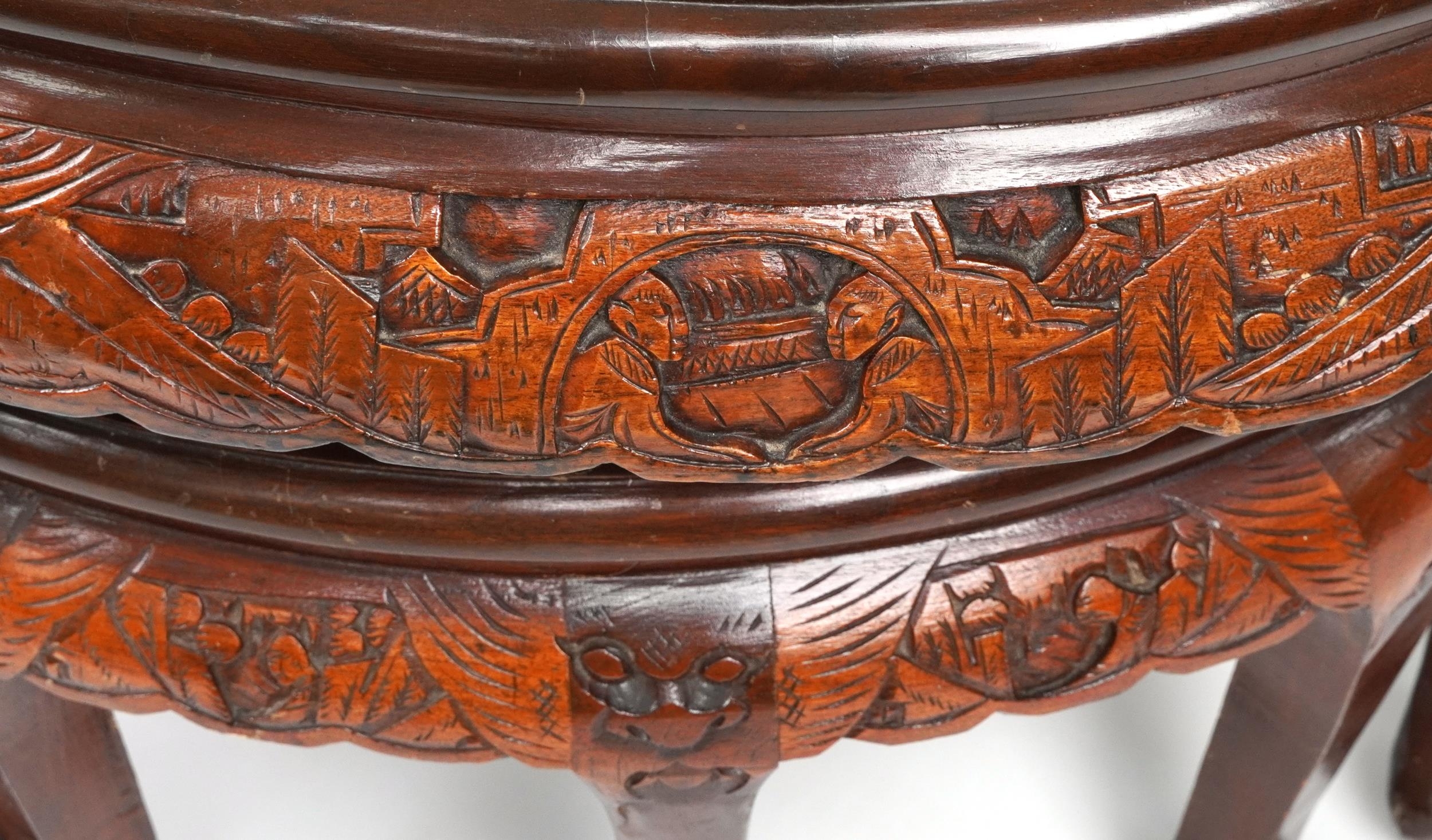 Nest of seven Chinese camphor wood occasional tables comprising an oval coffee table housing six - Image 4 of 9