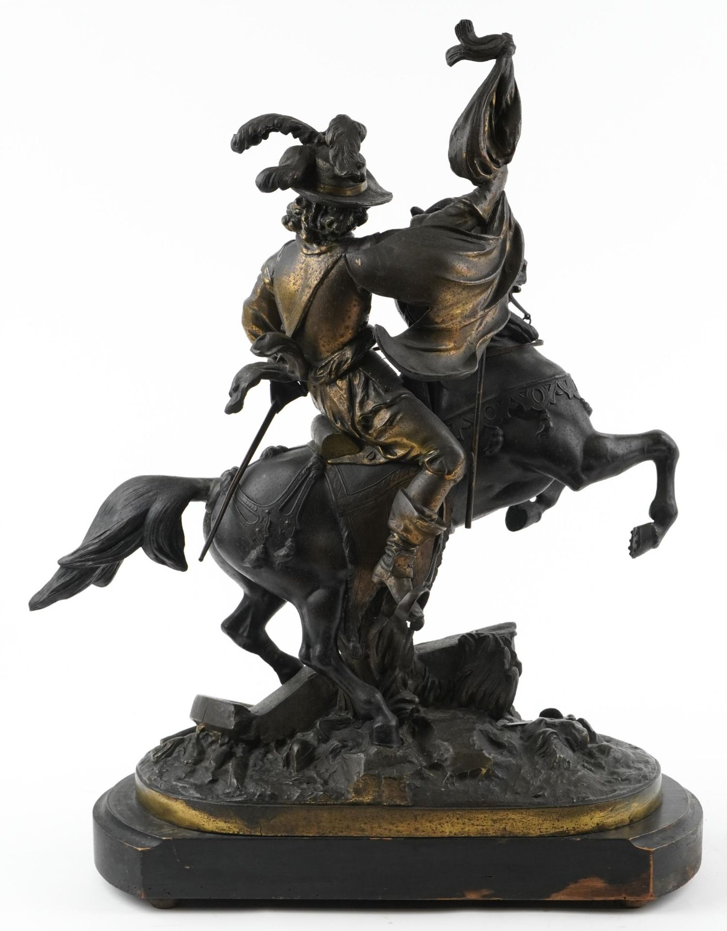 Large 19th century classical patinated spelter sculpture of a Cavalier on horseback raised on a - Image 2 of 4