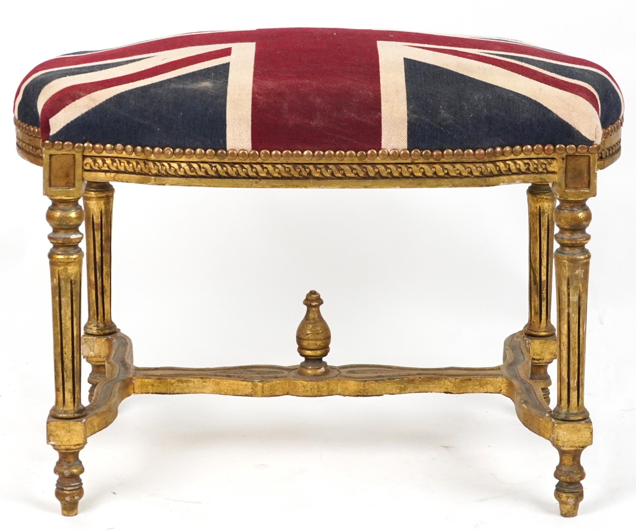 French style gilt stool with H stretcher on reeded legs with Union Jack design cushioned seat, - Image 4 of 4
