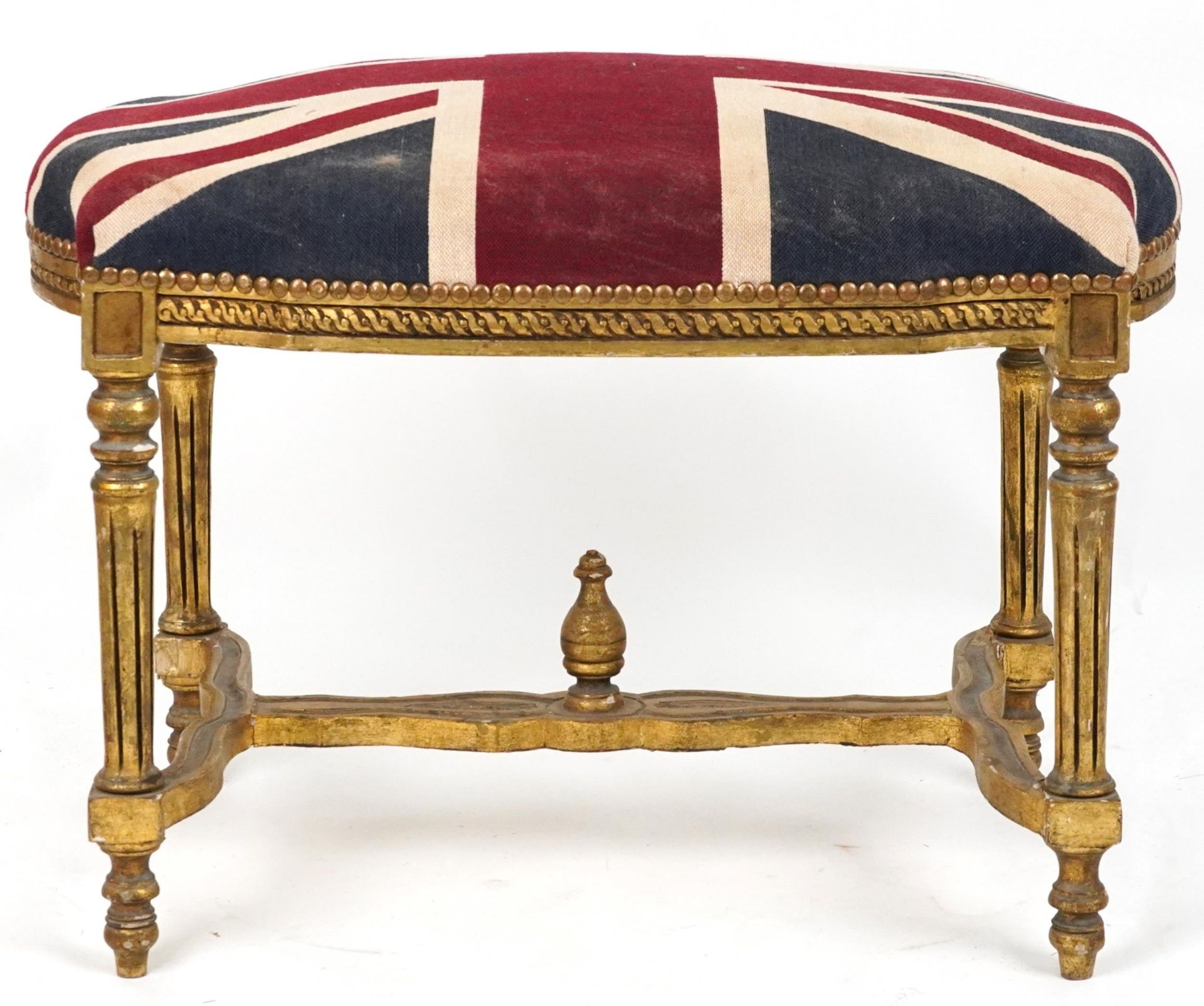 French style gilt stool with H stretcher on reeded legs with Union Jack design cushioned seat, - Bild 4 aus 4