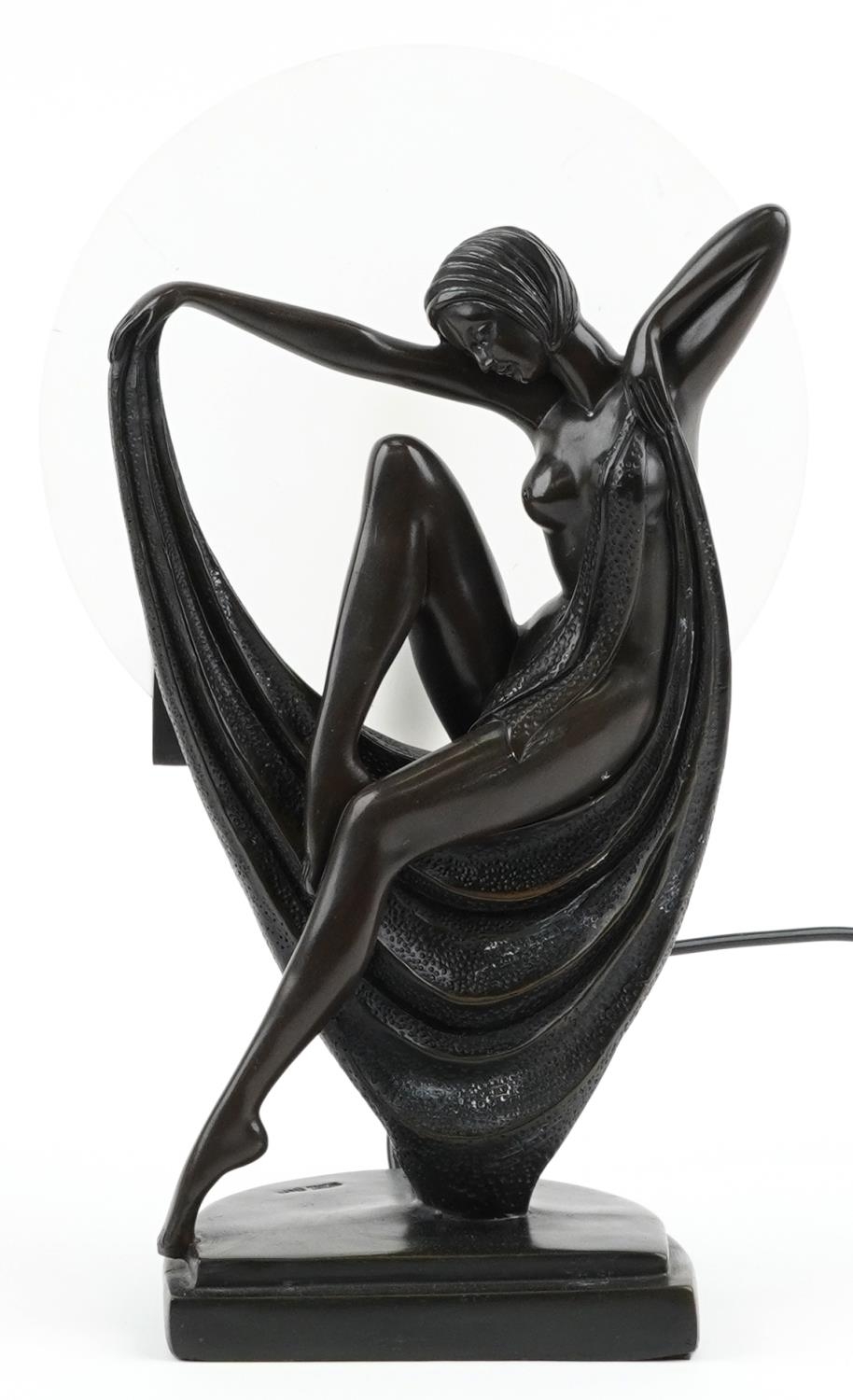 Art Deco style bronzed figural table lamp with frosted glass shade in the form of a semi nude female - Image 2 of 5