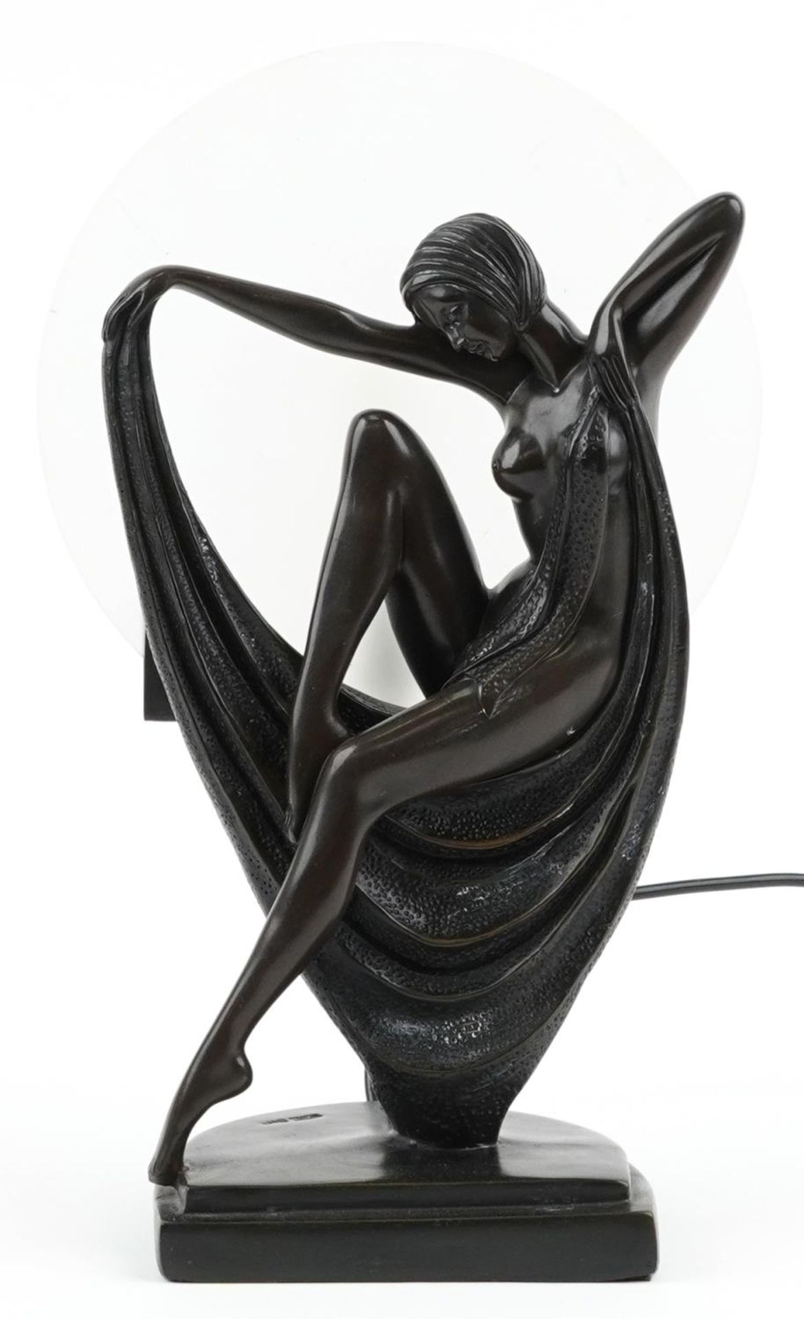 Art Deco style bronzed figural table lamp with frosted glass shade in the form of a semi nude female - Bild 2 aus 5