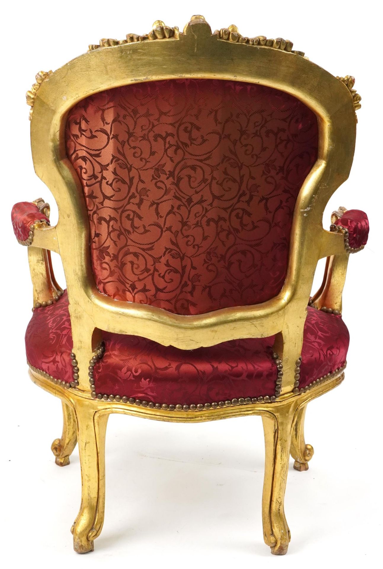 French Louis XV style elbow chair carved with flowers having red part silk floral button back - Image 4 of 4