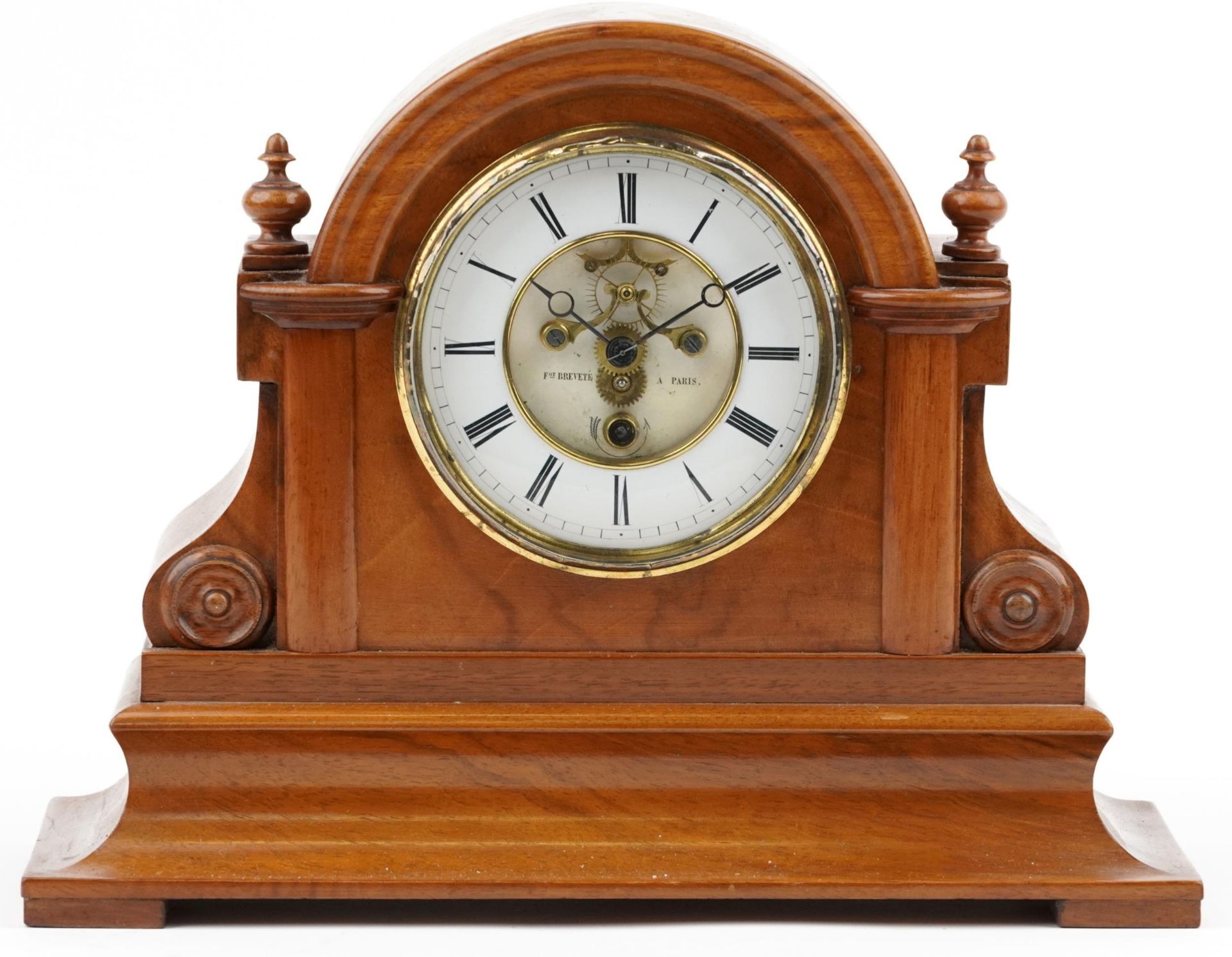 19th century French walnut and ebonised mantle clock with visible Brocot escapement having