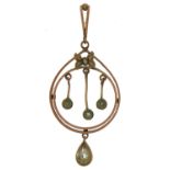 Edwardian unmarked gold blue stone and seed pearl openwork pendant, 5cm high, 2.5g