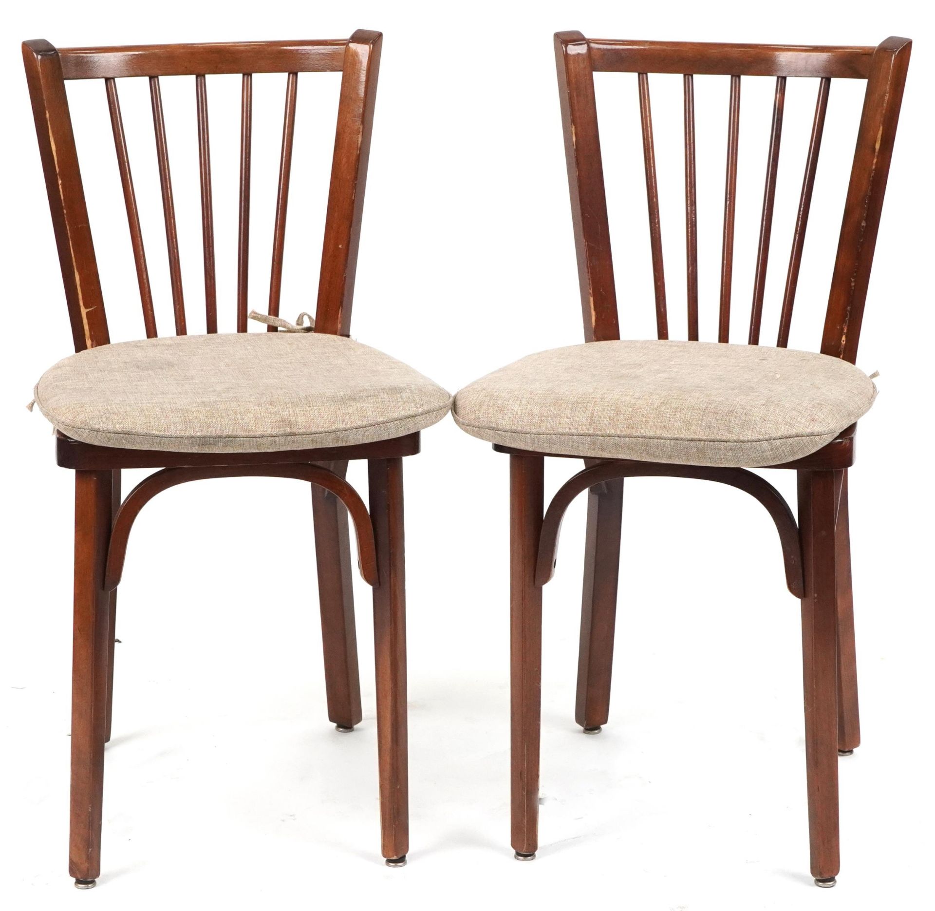 Contemporary circular bistro table with cast iron base and two mahogany chairs with cushions, the - Image 5 of 7