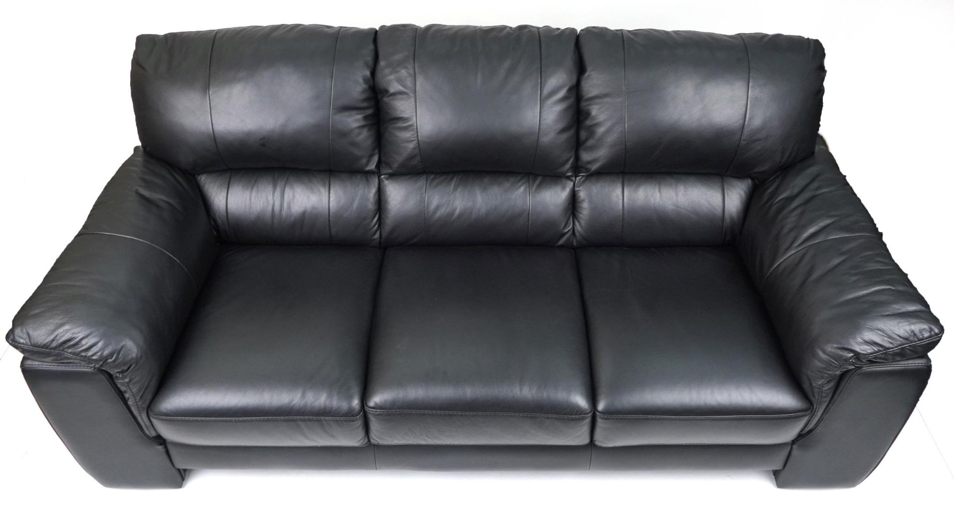 Contemporary three seater settee with black leather upholstery, 90cm H x 200cm W x 90cm D - Image 2 of 3