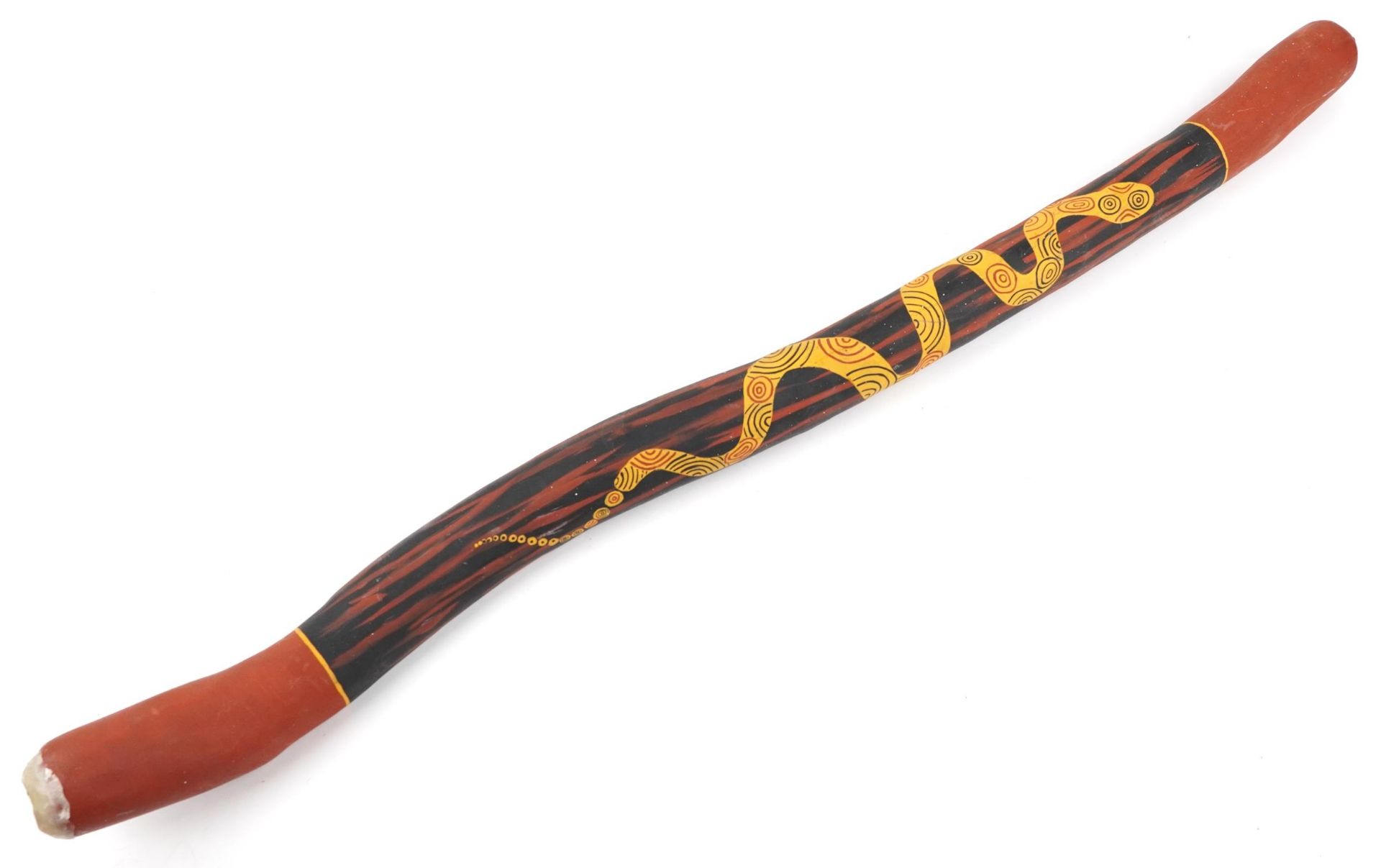 Tribal interest Aboriginal digeridoo hand painted with a serpent, 123cm in length