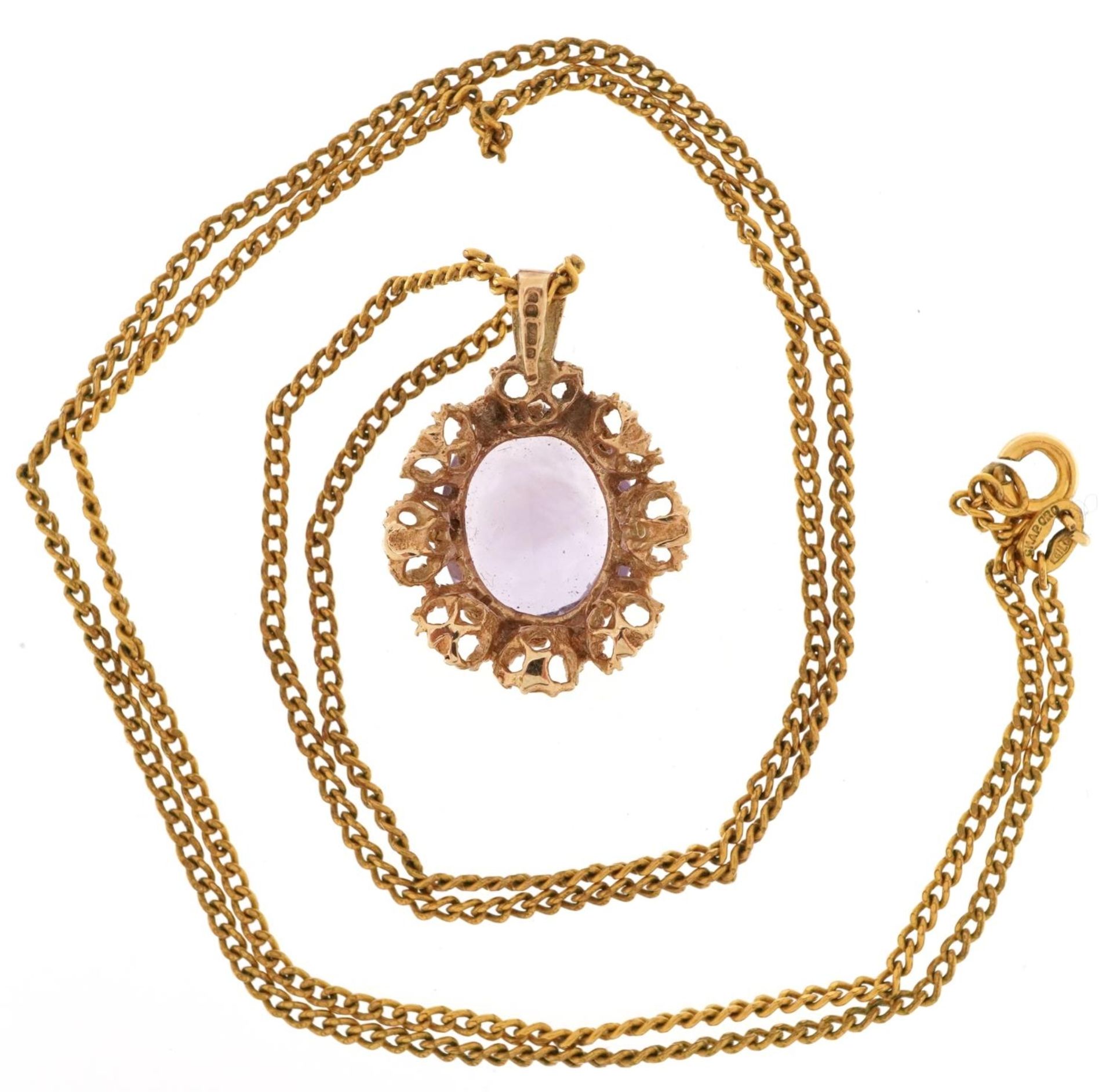 Modernist 9ct gold amethyst pendant with pierced flower head setting on a gold plated necklace, 2. - Bild 3 aus 4