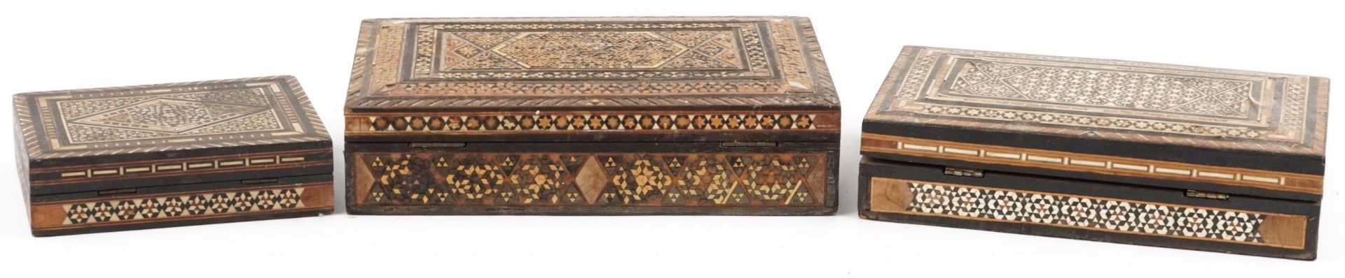 Three Syrian Moorish style rectangular inlaid wooden boxes, the largest 22cm wide - Image 3 of 4