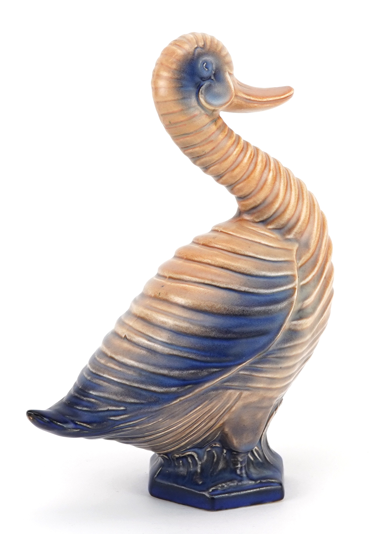 Carlton Ware, Art Deco ribbed duck having a peach and blue glaze, 21.5cm high - Image 2 of 3