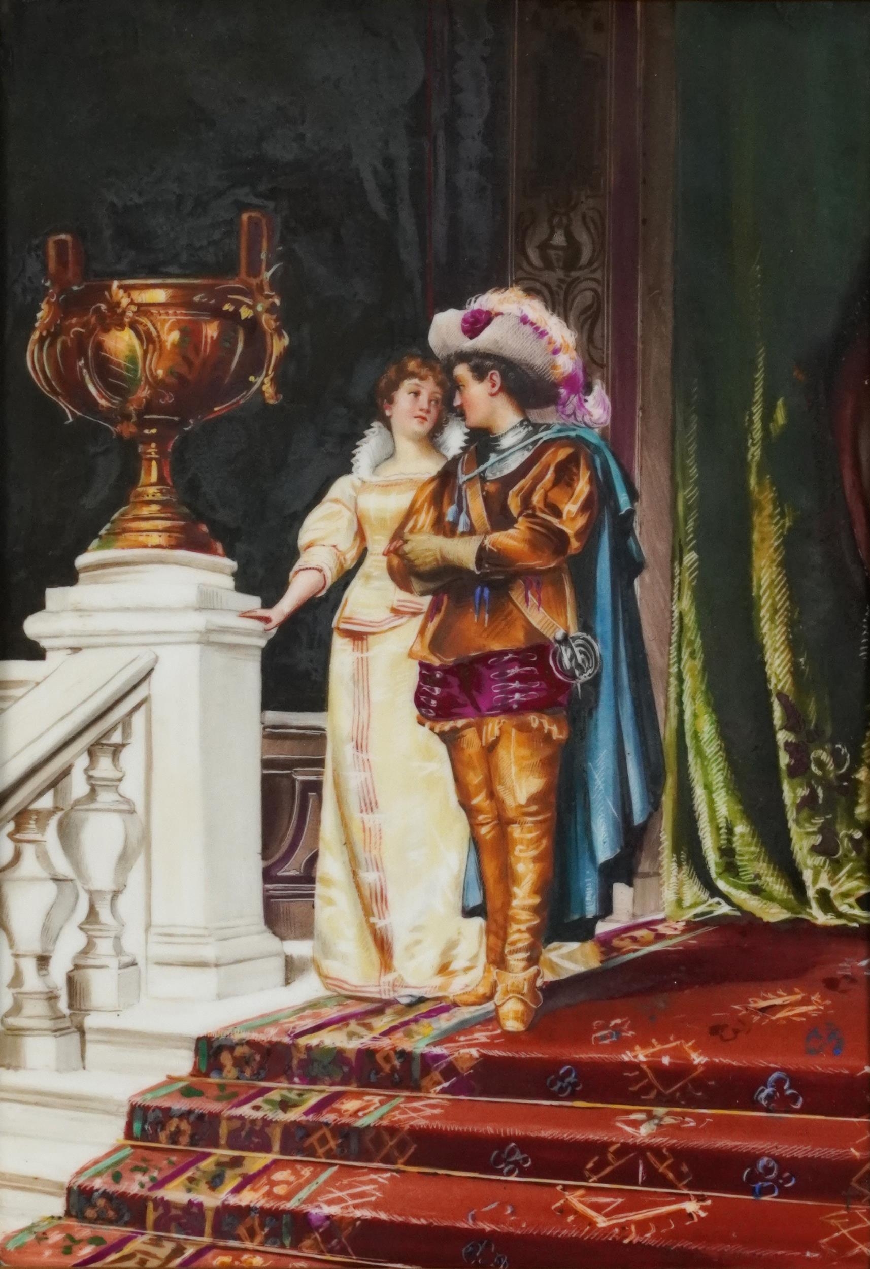 Cavalier with lover on stairwell, French school porcelain plaque housed in a giltwood Florentine - Image 2 of 4