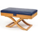 Contemporary light oak butler's luggage stand with blue leather upholstered cushioned seat, 55cm D x