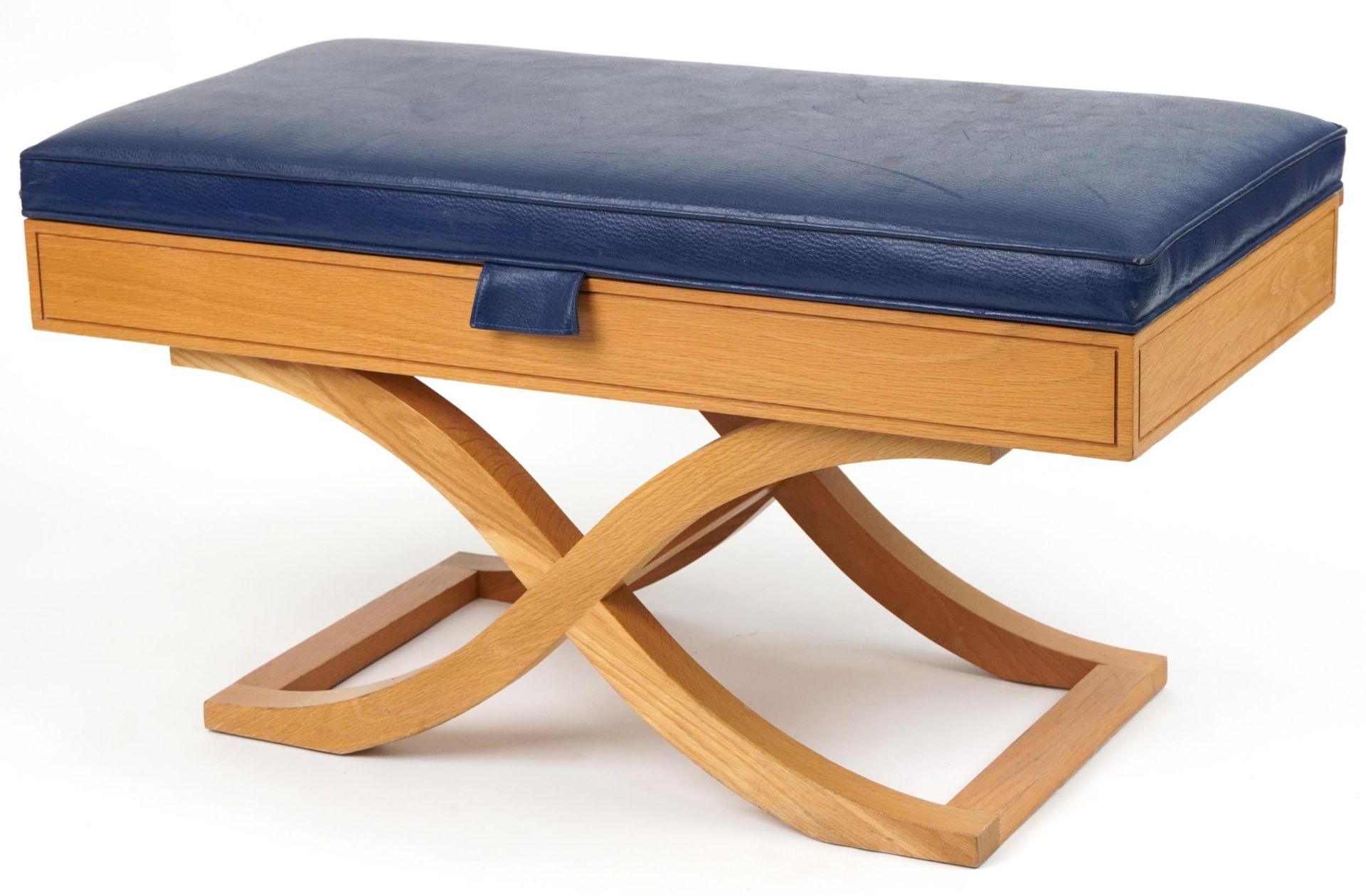 Contemporary light oak butler's luggage stand with blue leather upholstered cushioned seat, 55cm D x