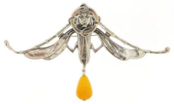 Egyptian Revival sterling silver brooch with amber coloured drop, 10.5cm wide, 20.2g