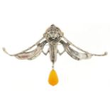 Egyptian Revival sterling silver brooch with amber coloured drop, 10.5cm wide, 20.2g