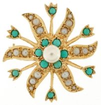 Edwardian style 9ct gold seed pearl and turquoise style starburst brooch, 2.8cm in diameter, 4.4g