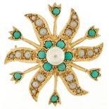 Edwardian style 9ct gold seed pearl and turquoise style starburst brooch, 2.8cm in diameter, 4.4g
