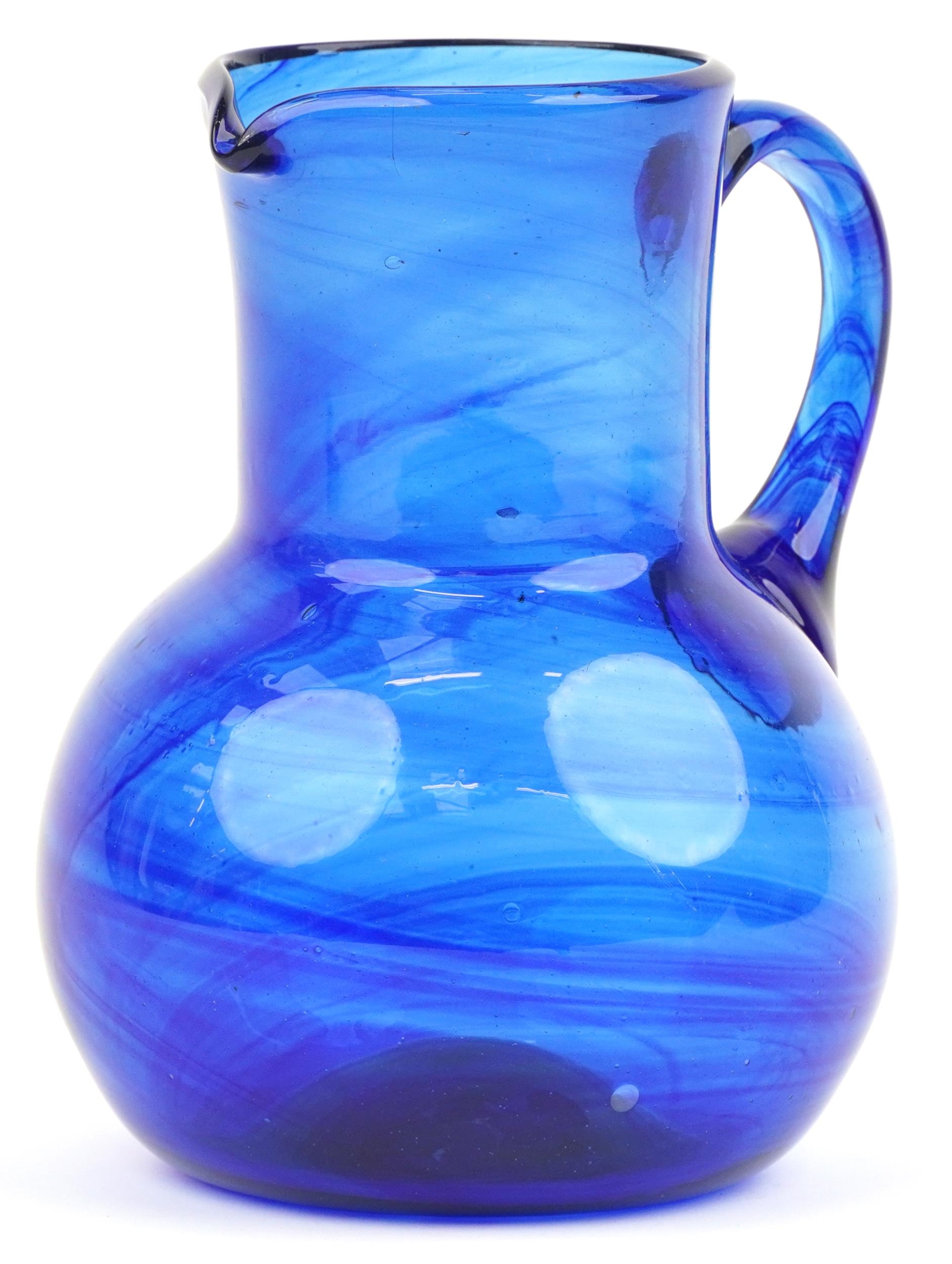 Blue art glass jug with unpolished pontil, 18cm high
