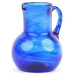 Blue art glass jug with unpolished pontil, 18cm high