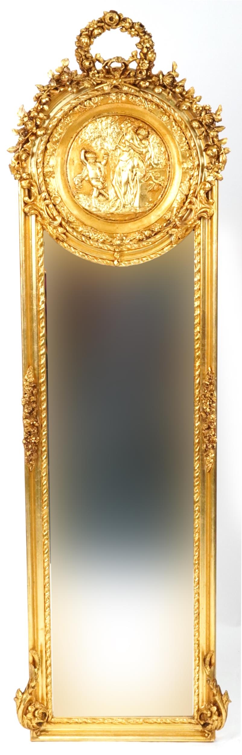 M pair of French Empire style ornate gilt framed wall mirrors with wreath crests and bevelled glass, - Image 4 of 6