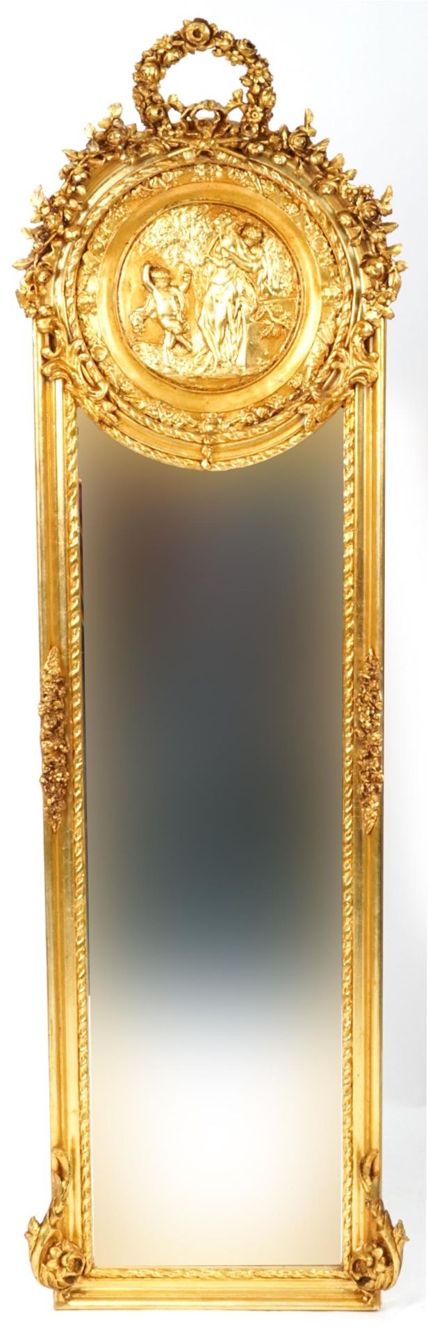 M pair of French Empire style ornate gilt framed wall mirrors with wreath crests and bevelled glass, - Bild 4 aus 6