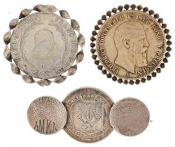 Three antique coin brooches including a Victorian silver three coin brooch engraved with The Lord'