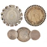 Three antique coin brooches including a Victorian silver three coin brooch engraved with The Lord'