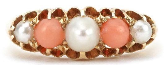 18ct gold pearl and pink coral graduated five stone ring, size O, 4.2g