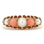 18ct gold pearl and pink coral graduated five stone ring, size O, 4.2g