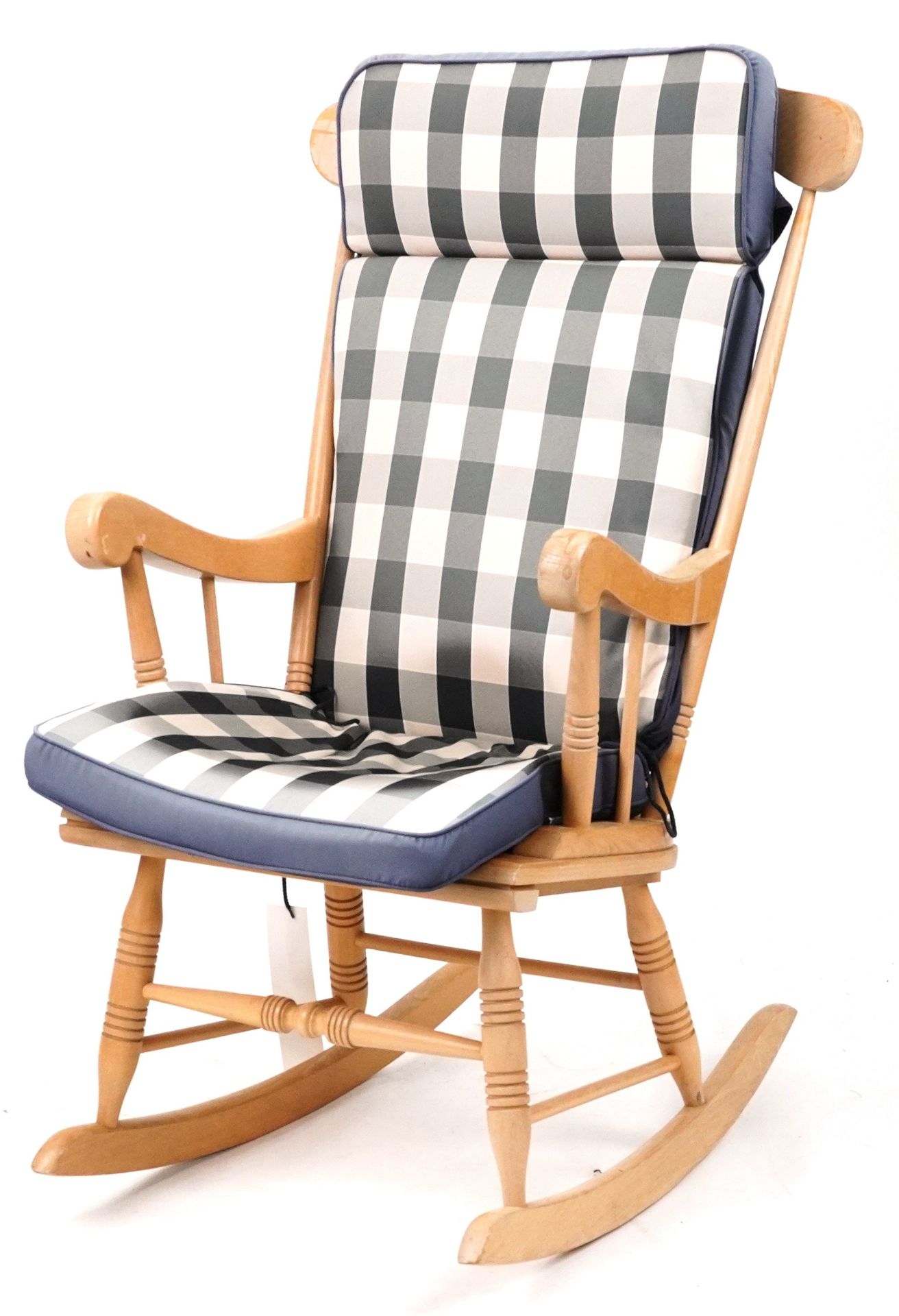 Lightwood rocking chair with check upholstered cushions, 102cm high