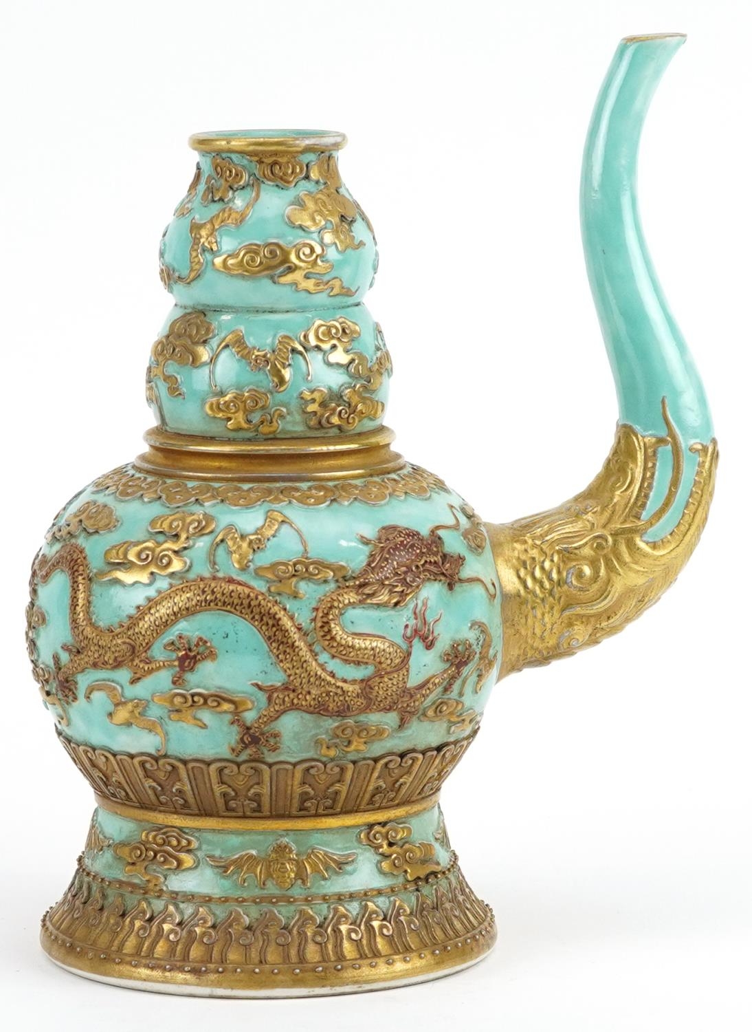 Chinese porcelain turquoise ground wine vessel gilded with dragons and bats amongst clouds, six - Image 4 of 8