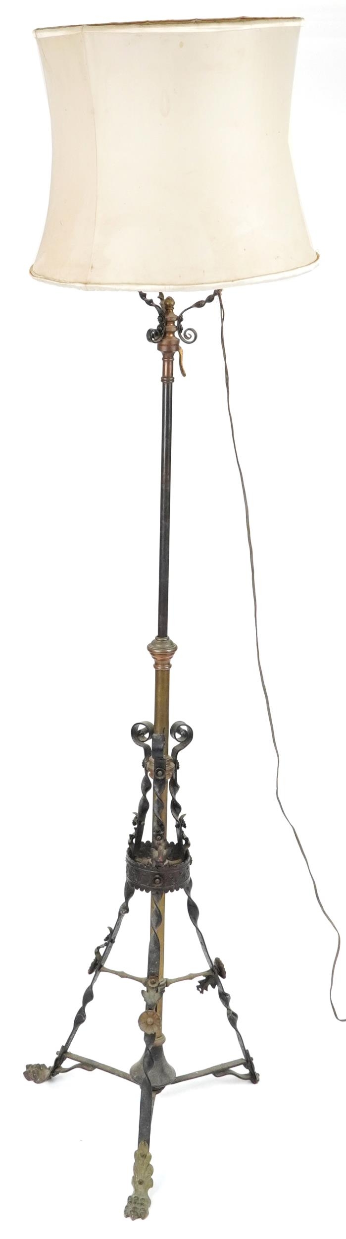 Victorian aesthetic iron and brass adjustable oil lamp converted for electric use, 195cm high - Image 2 of 2