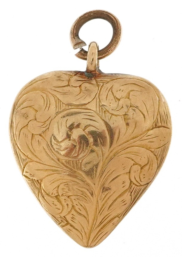 Antique unmarked gold engraved love heart mourning locket, 1.6cm high, 1.3g