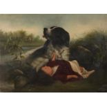 After Edward Landseer - Spaniel with child in a landscape, 19th century style oil on board bearing