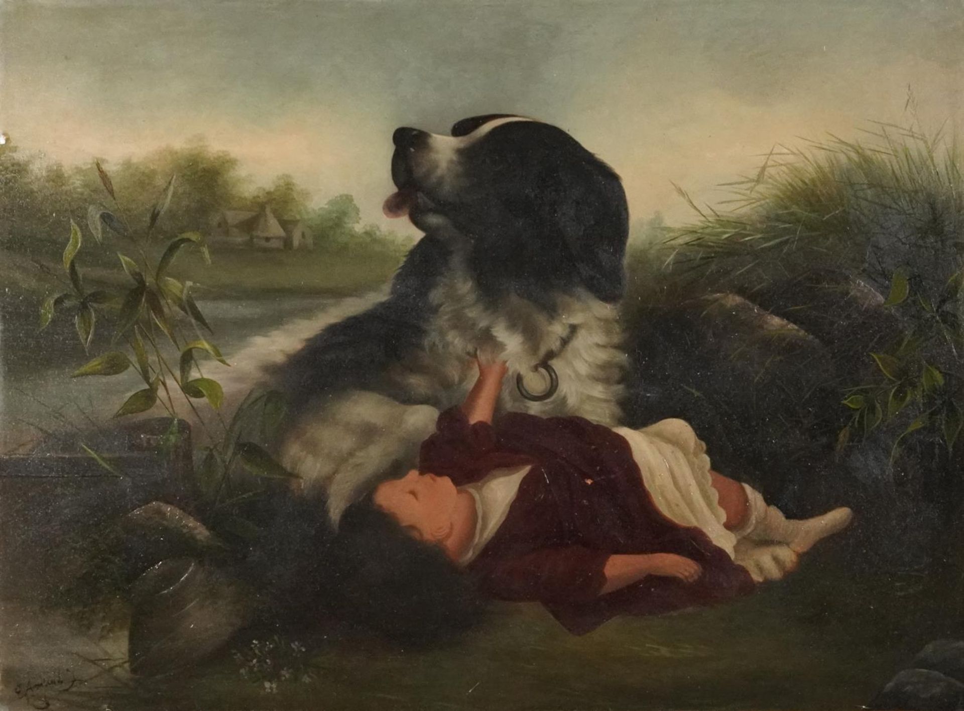 After Edward Landseer - Spaniel with child in a landscape, 19th century style oil on board bearing
