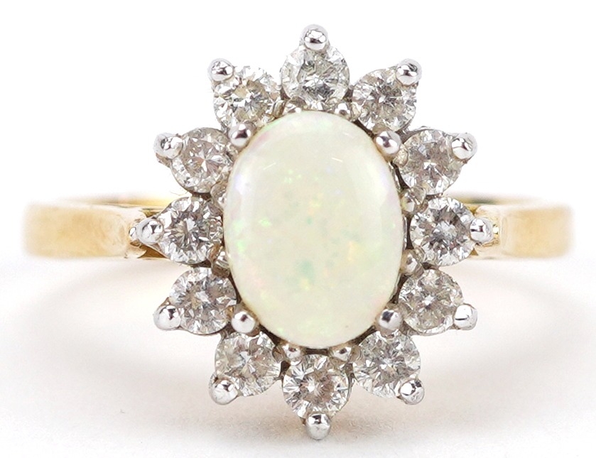 18ct gold cabochon opal and diamond flower head ring, each diamond approximately 2.0mm in - Image 2 of 5