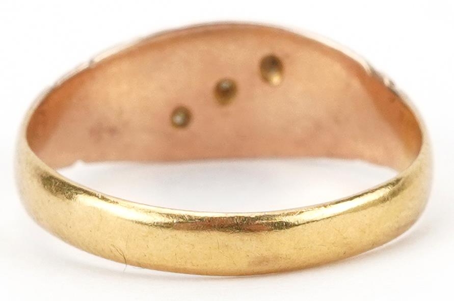 Victorian 18ct gold diamond three stone ring with engraved scrolled shoulders, indistinct - Image 2 of 5