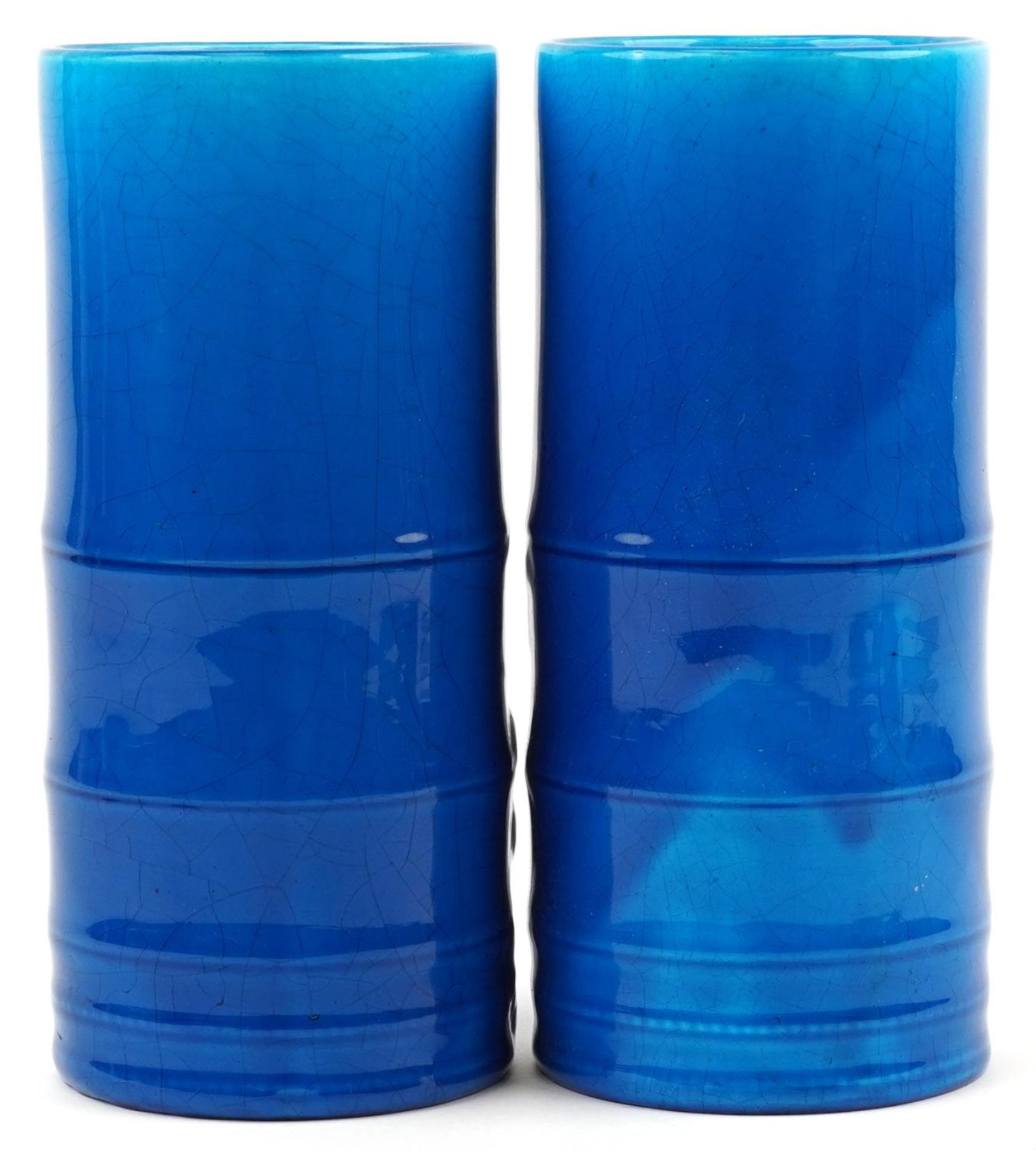 Pair of European aesthetic blue glazed cylindrical simulated bamboo vases in the Chinese style - Image 2 of 5