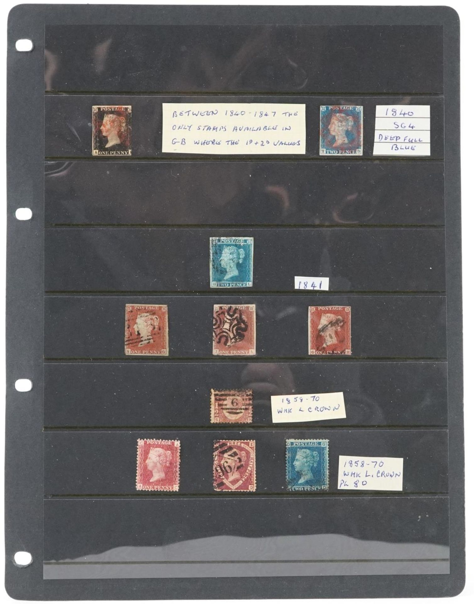 Victorian British stamps arranged on a sheet including Penny Black, Two Penny Blues and Penny Reds - Bild 3 aus 3