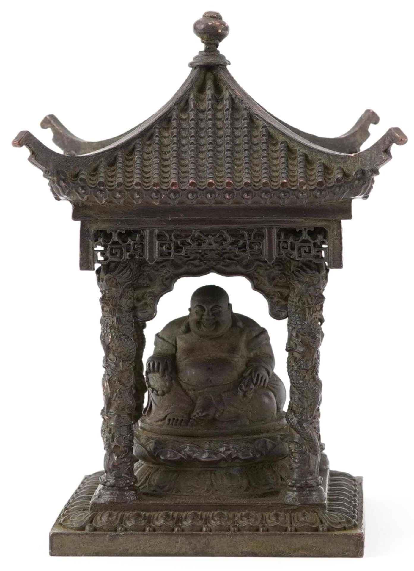 Chinese patinated bronze study of Buddha seated in a pagoda, 15cm high - Image 2 of 7