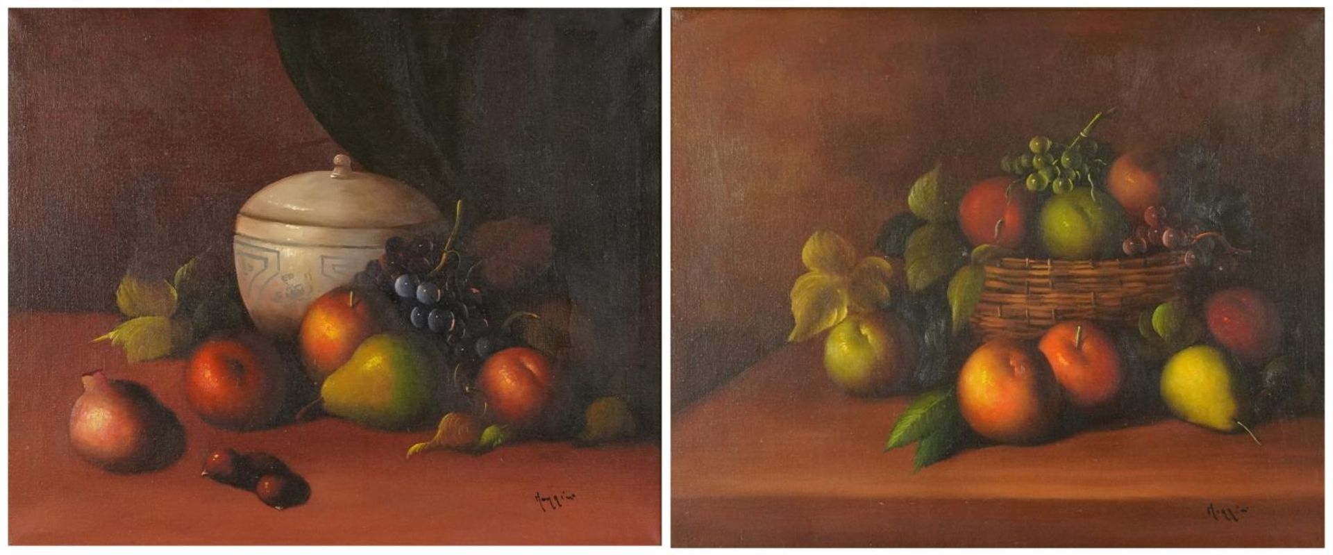 Morrini - Still life fruit and vessels, pair of Italian school oil on canvases, mounted and