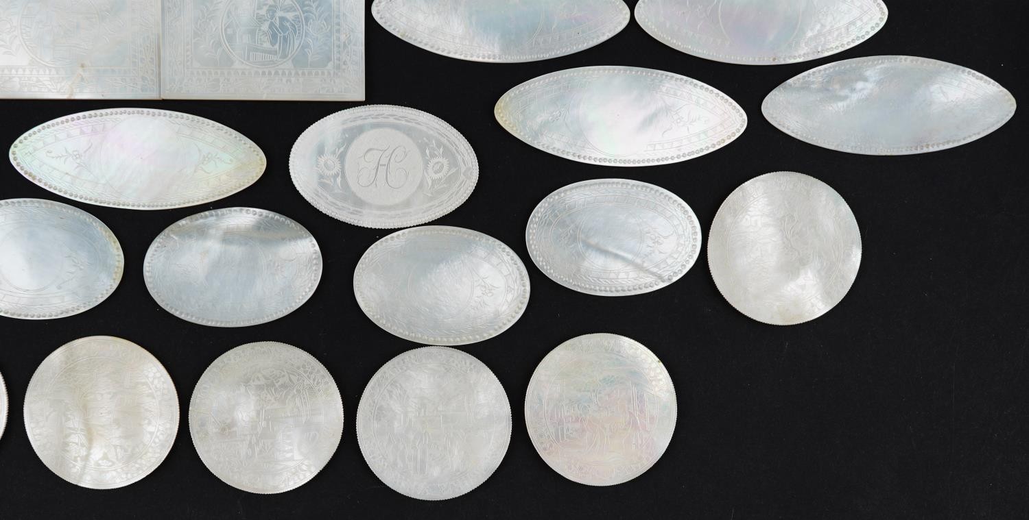 Good collection of Chinese Canton mother of pearl gaming counters, each carved with figures and - Image 9 of 24